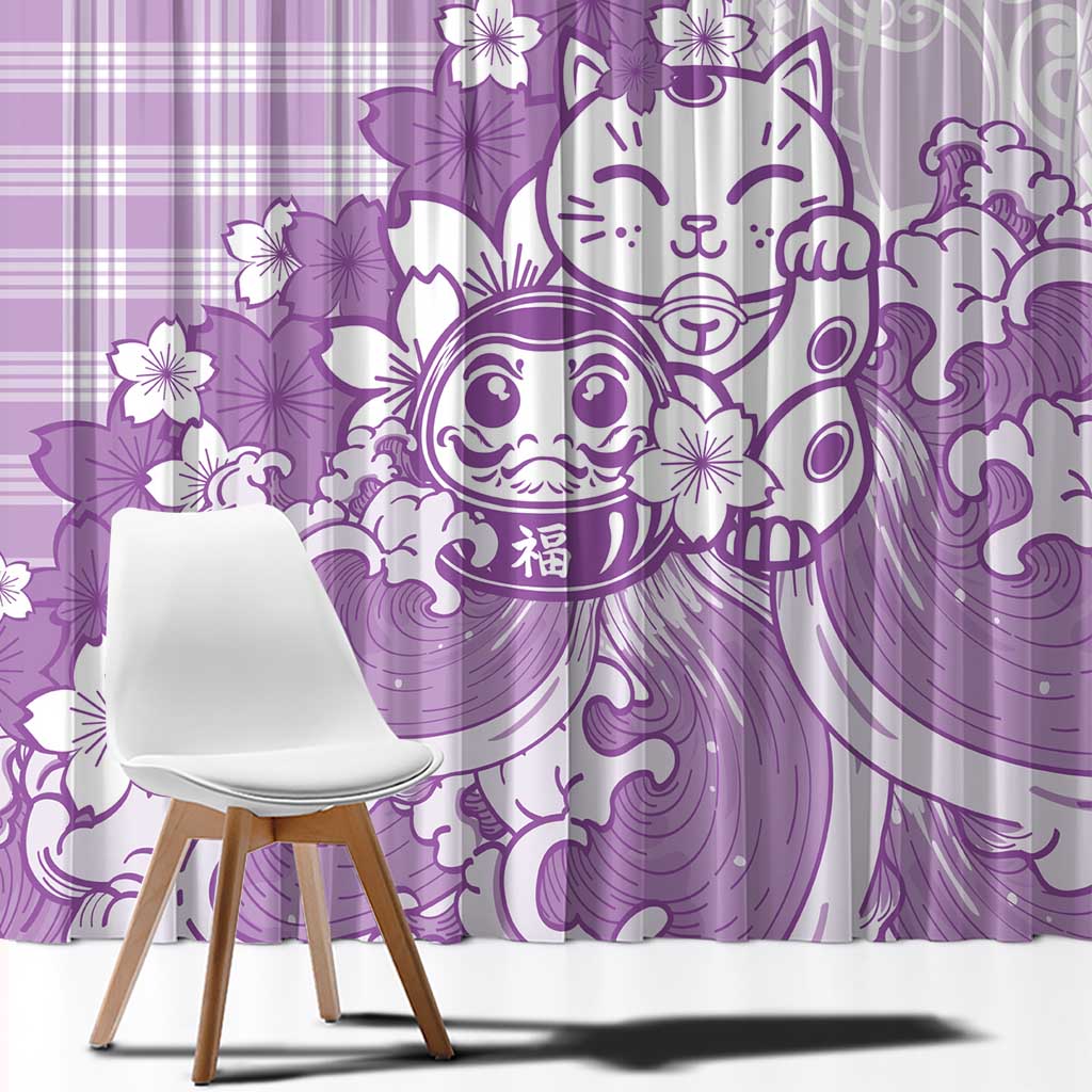 Purple Palaka Hawaiian And Japanese Window Curtain Maneki Neko And Sakura Bloom