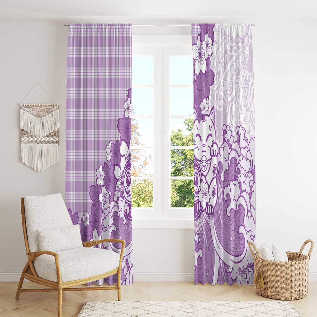 Purple Palaka Hawaiian And Japanese Window Curtain Maneki Neko And Sakura Bloom