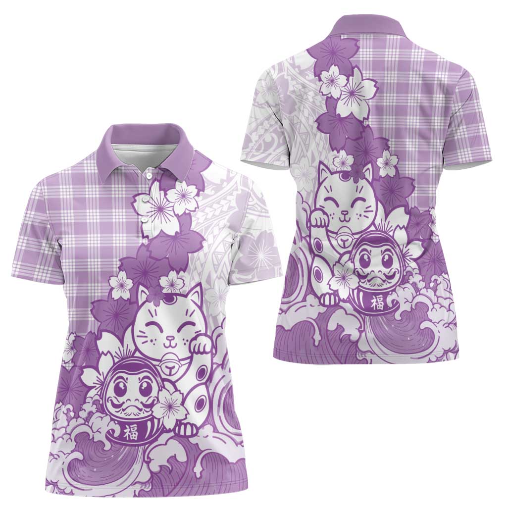 Purple Palaka Hawaiian And Japanese Women Polo Shirt Maneki Neko And Sakura Bloom