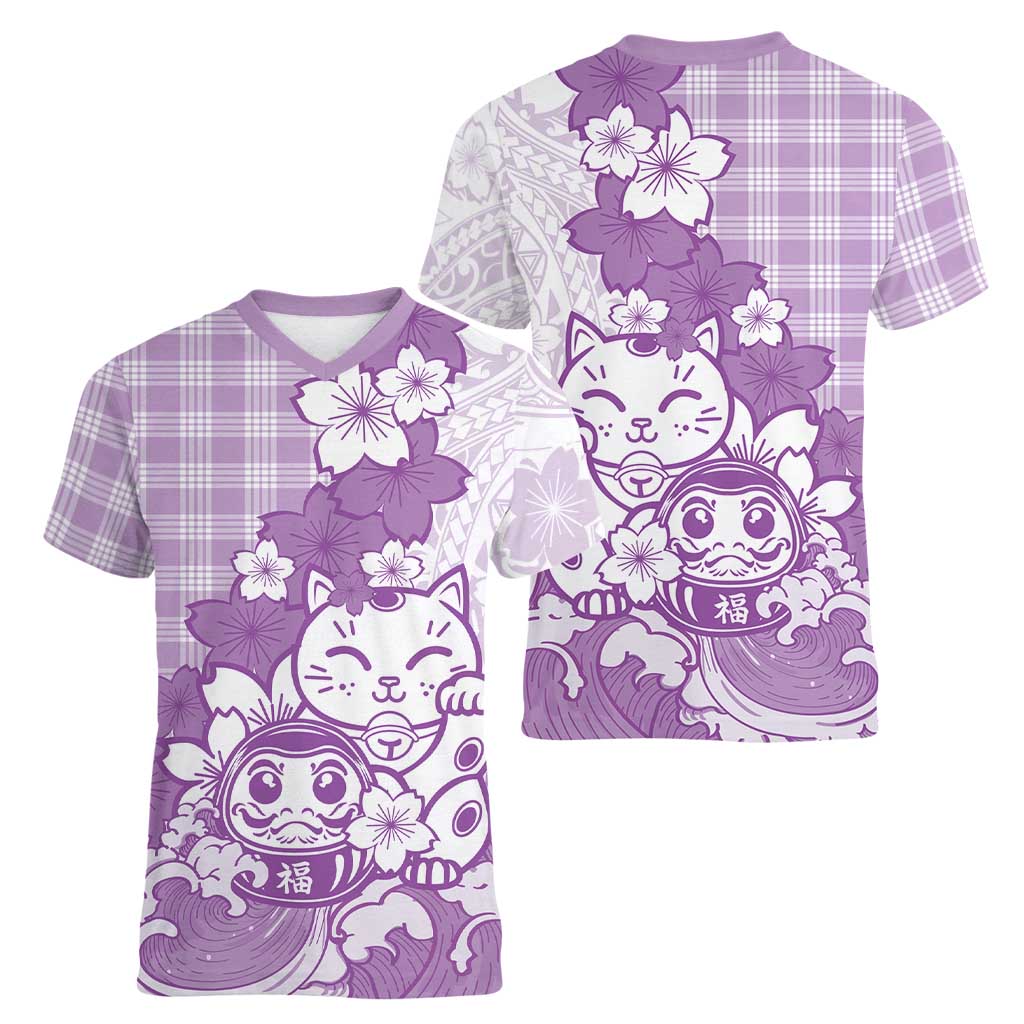 Purple Palaka Hawaiian And Japanese Women V-Neck T-Shirt Maneki Neko And Sakura Bloom
