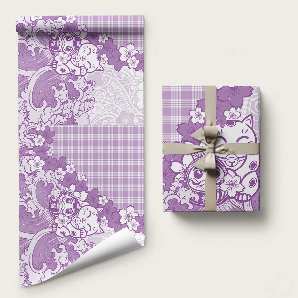 Purple Palaka Hawaiian And Japanese Wrapping Paper Maneki Neko And Sakura Bloom