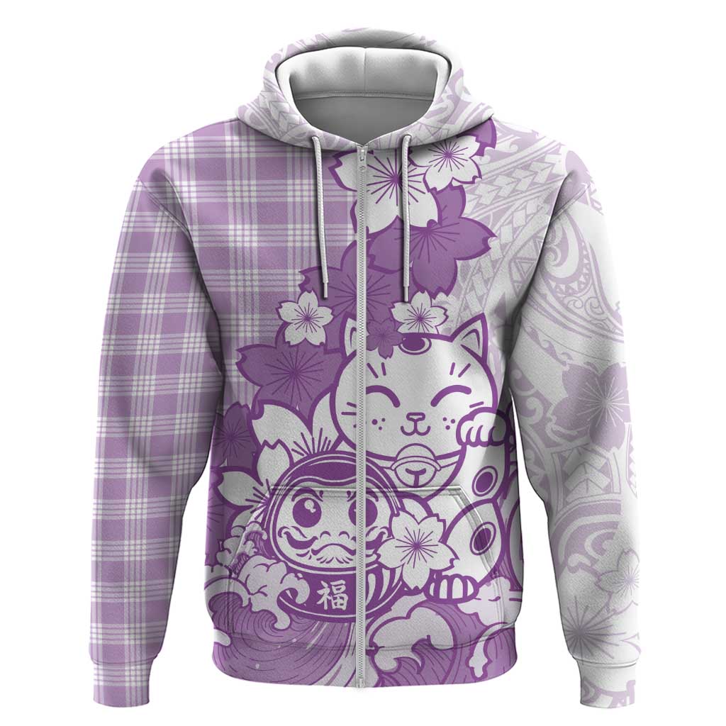 Purple Palaka Hawaiian And Japanese Zip Hoodie Maneki Neko And Sakura Bloom