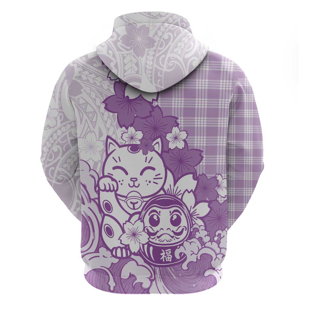 Purple Palaka Hawaiian And Japanese Zip Hoodie Maneki Neko And Sakura Bloom