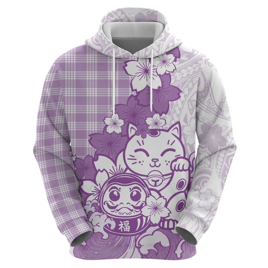 Purple Palaka Hawaiian And Japanese Zip Hoodie Maneki Neko And Sakura Bloom