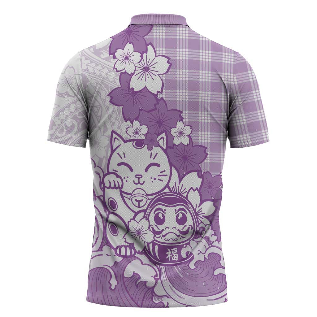 Purple Palaka Hawaiian And Japanese Zipper Polo Shirt Maneki Neko And Sakura Bloom
