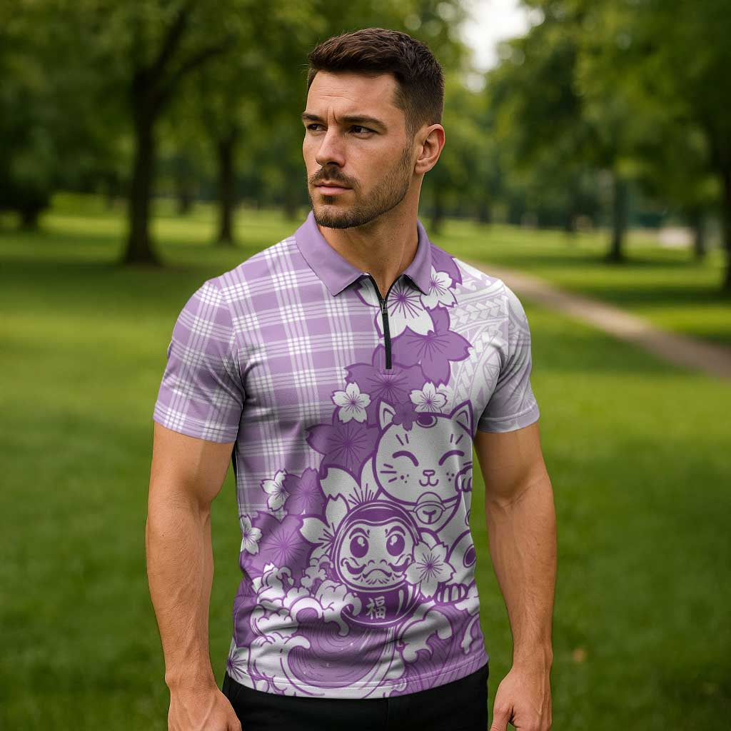 Purple Palaka Hawaiian And Japanese Zipper Polo Shirt Maneki Neko And Sakura Bloom
