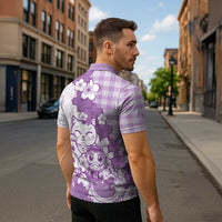Purple Palaka Hawaiian And Japanese Zipper Polo Shirt Maneki Neko And Sakura Bloom