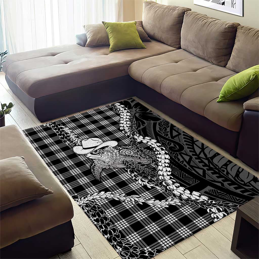 Black Hawaii Palaka Cowboy Turtle Area Rug Hawaiian Paniolo Puakenikeni Maile Lei