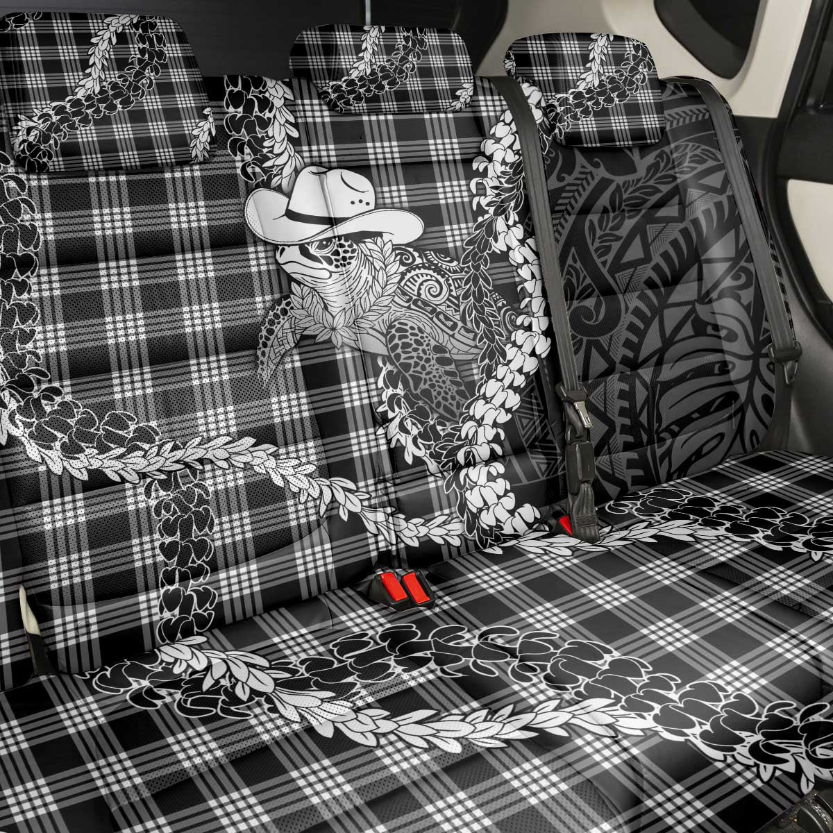 Black Hawaii Palaka Cowboy Turtle Back Car Seat Cover Hawaiian Paniolo Puakenikeni Maile Lei