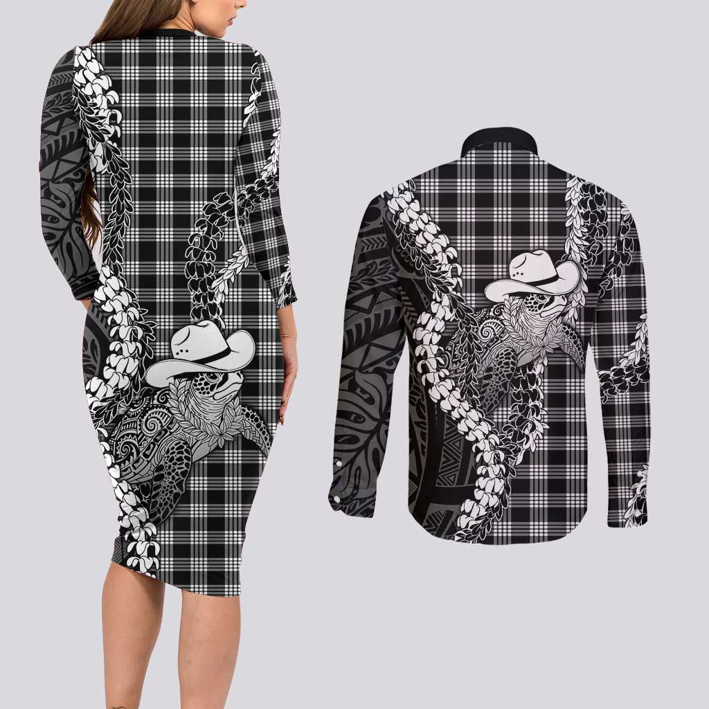 Black Hawaii Palaka Cowboy Turtle Couples Matching Long Sleeve Bodycon Dress and Long Sleeve Button Shirt Hawaiian Paniolo Puakenikeni Maile Lei DT05 - Polynesian Pride