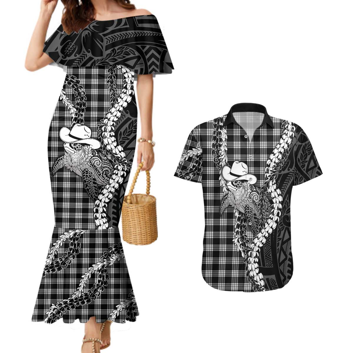 Black Hawaii Palaka Cowboy Turtle Couples Matching Mermaid Dress and Hawaiian Shirt Hawaiian Paniolo Puakenikeni Maile Lei DT05 Black - Polynesian Pride
