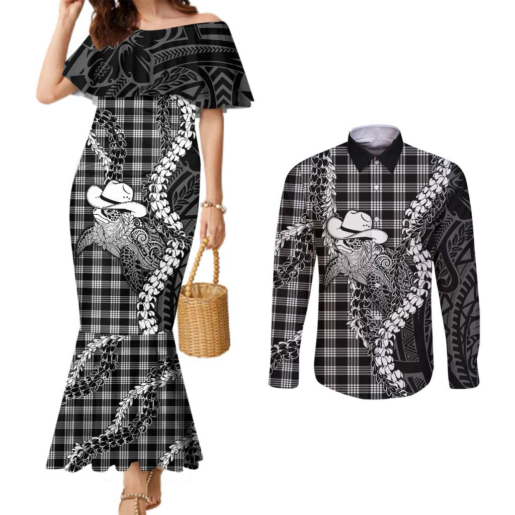 Black Hawaii Palaka Cowboy Turtle Couples Matching Mermaid Dress and Long Sleeve Button Shirt Hawaiian Paniolo Puakenikeni Maile Lei DT05 Black - Polynesian Pride