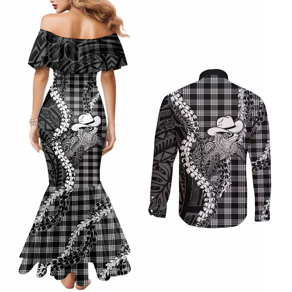 Black Hawaii Palaka Cowboy Turtle Couples Matching Mermaid Dress and Long Sleeve Button Shirt Hawaiian Paniolo Puakenikeni Maile Lei DT05 - Polynesian Pride