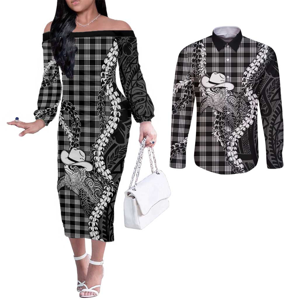 Black Hawaii Palaka Cowboy Turtle Couples Matching Off The Shoulder Long Sleeve Dress and Long Sleeve Button Shirt Hawaiian Paniolo Puakenikeni Maile Lei