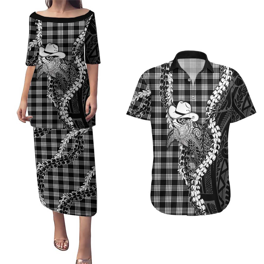 Black Hawaii Palaka Cowboy Turtle Couples Matching Puletasi and Hawaiian Shirt Hawaiian Paniolo Puakenikeni Maile Lei DT05 Black - Polynesian Pride