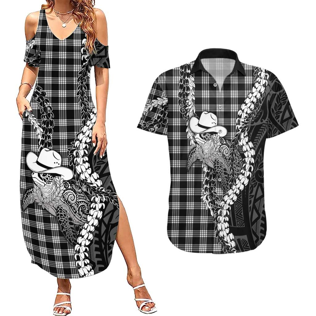 Black Hawaii Palaka Cowboy Turtle Couples Matching Summer Maxi Dress and Hawaiian Shirt Hawaiian Paniolo Puakenikeni Maile Lei DT05 Black - Polynesian Pride