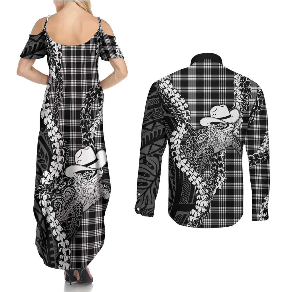 Black Hawaii Palaka Cowboy Turtle Couples Matching Summer Maxi Dress and Long Sleeve Button Shirt Hawaiian Paniolo Puakenikeni Maile Lei DT05 - Polynesian Pride