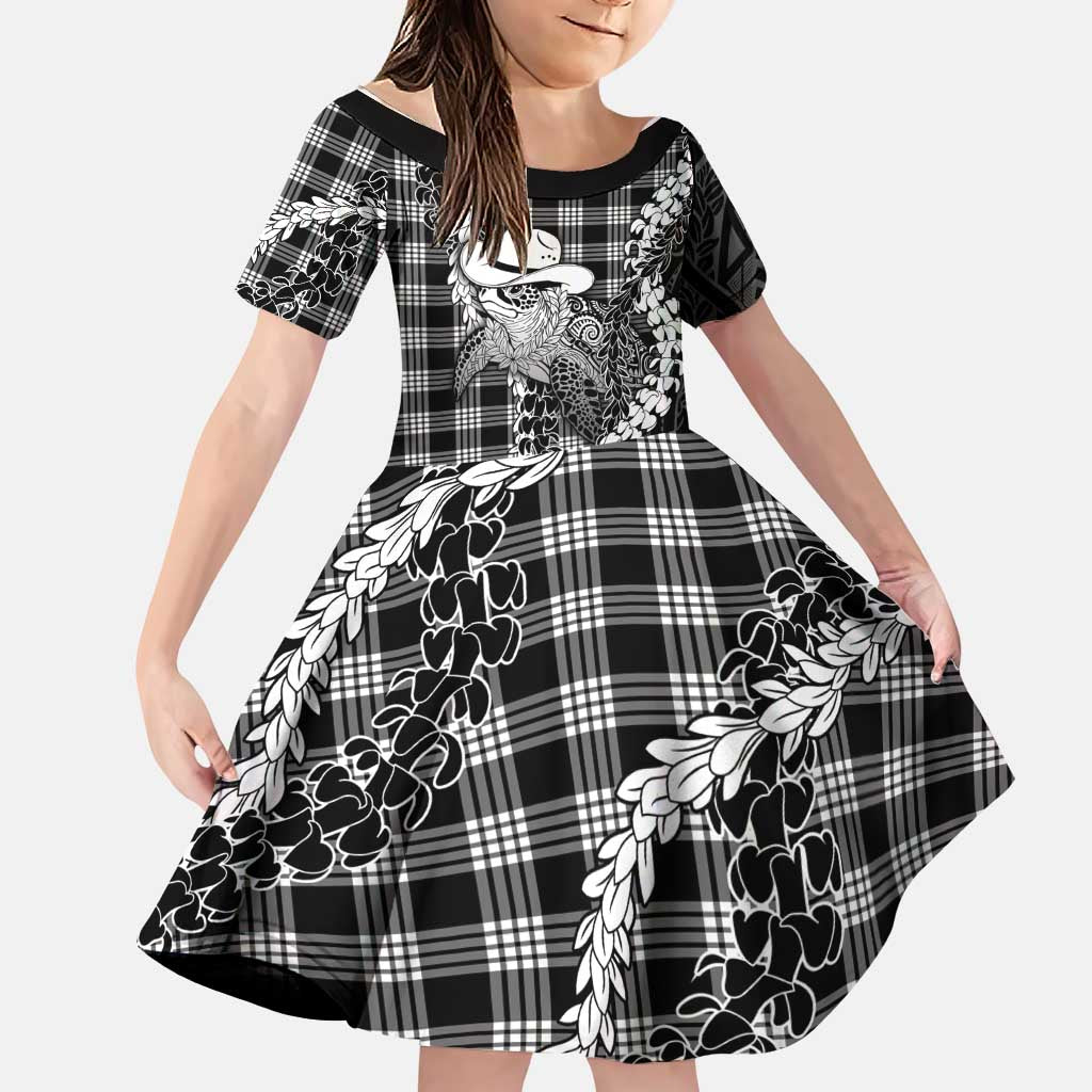 Black Hawaii Palaka Cowboy Turtle Family Matching Long Sleeve Bodycon Dress and Hawaiian Shirt Hawaiian Paniolo Puakenikeni Maile Lei DT05 Daughter's Dress Black - Polynesian Pride