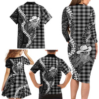 Black Hawaii Palaka Cowboy Turtle Family Matching Long Sleeve Bodycon Dress and Hawaiian Shirt Hawaiian Paniolo Puakenikeni Maile Lei DT05 - Polynesian Pride