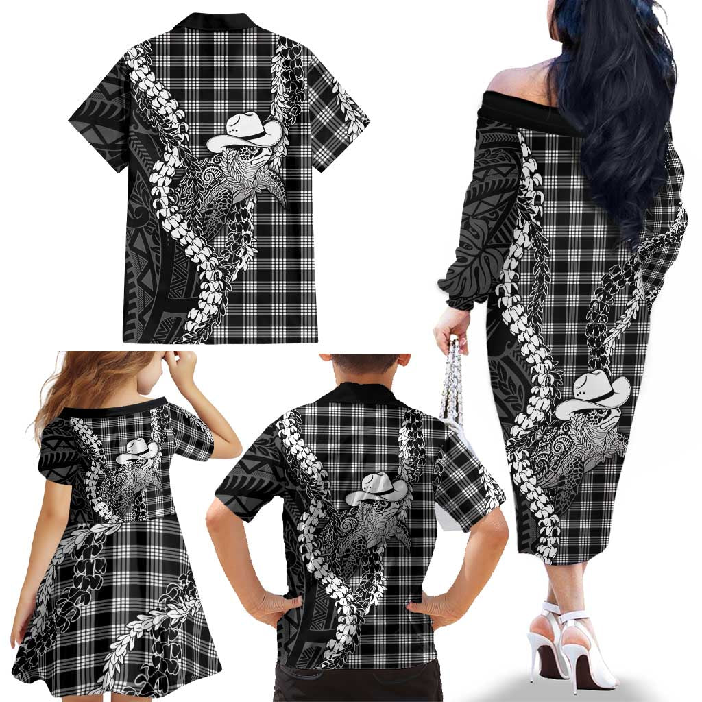 Black Hawaii Palaka Cowboy Turtle Family Matching Off The Shoulder Long Sleeve Dress and Hawaiian Shirt Hawaiian Paniolo Puakenikeni Maile Lei DT05 - Polynesian Pride