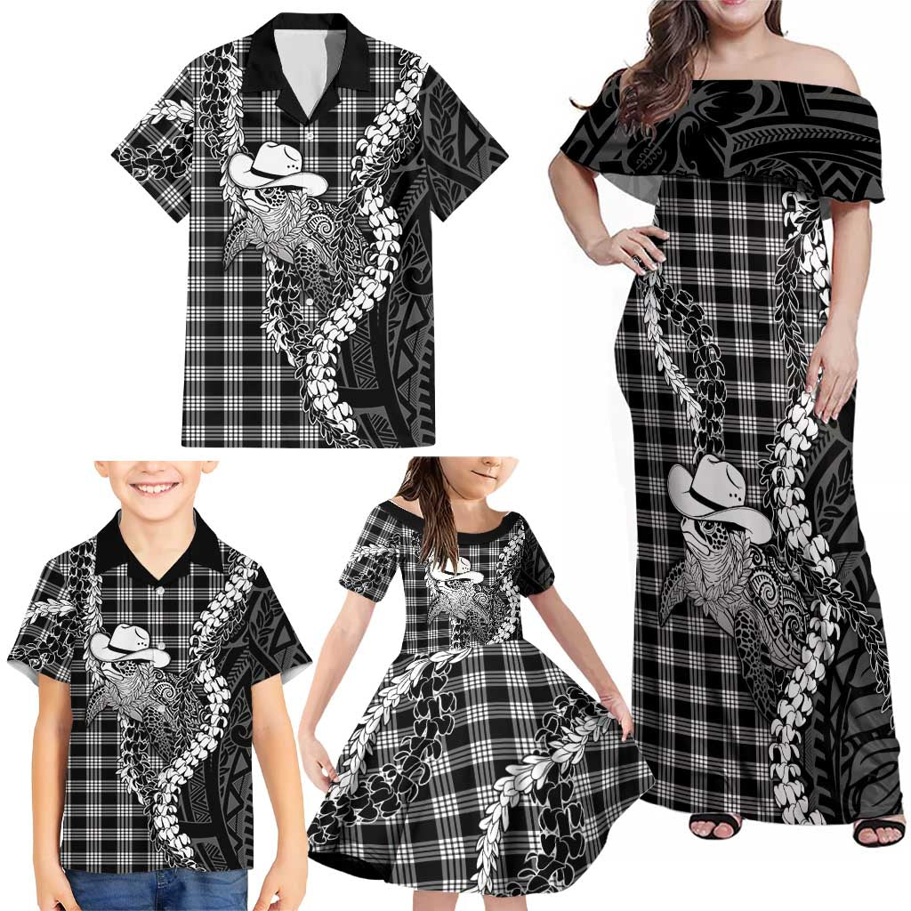 Black Hawaii Palaka Cowboy Turtle Family Matching Off Shoulder Maxi Dress and Hawaiian Shirt Hawaiian Paniolo Puakenikeni Maile Lei