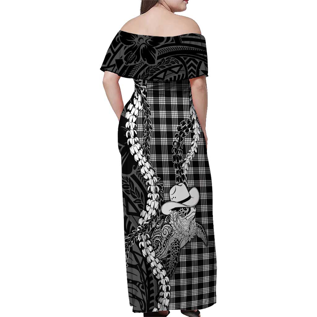 Black Hawaii Palaka Cowboy Turtle Family Matching Off Shoulder Maxi Dress and Hawaiian Shirt Hawaiian Paniolo Puakenikeni Maile Lei DT05 - Polynesian Pride