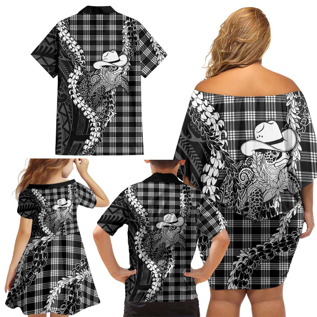 Black Hawaii Palaka Cowboy Turtle Family Matching Off Shoulder Short Dress and Hawaiian Shirt Hawaiian Paniolo Puakenikeni Maile Lei DT05 - Polynesian Pride