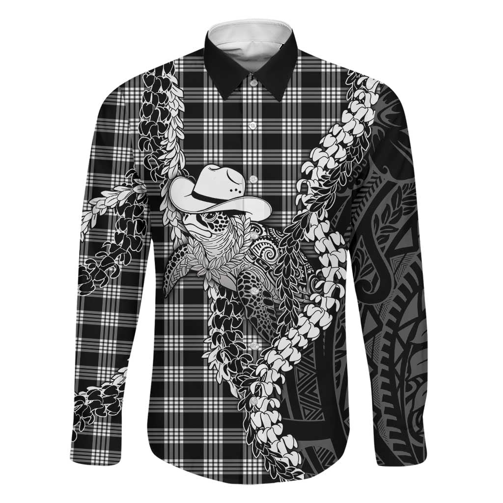 Black Hawaii Palaka Cowboy Turtle Family Matching Off Shoulder Short Dress and Hawaiian Shirt Hawaiian Paniolo Puakenikeni Maile Lei DT05 Dad's Shirt - Long Sleeve Black - Polynesian Pride