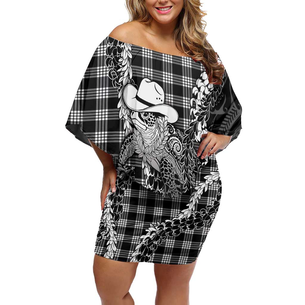 Black Hawaii Palaka Cowboy Turtle Family Matching Off Shoulder Short Dress and Hawaiian Shirt Hawaiian Paniolo Puakenikeni Maile Lei DT05 Mom's Dress Black - Polynesian Pride