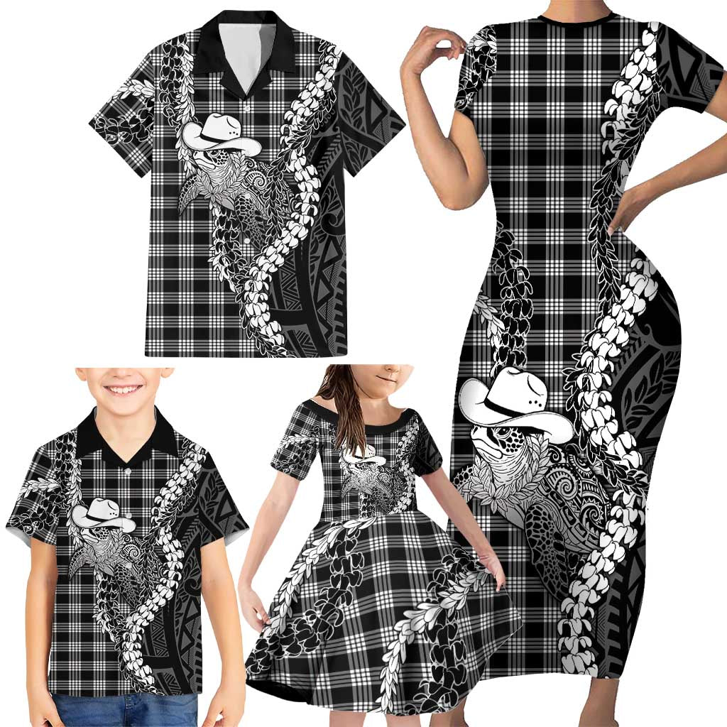 Black Hawaii Palaka Cowboy Turtle Family Matching Short Sleeve Bodycon Dress and Hawaiian Shirt Hawaiian Paniolo Puakenikeni Maile Lei DT05 - Polynesian Pride