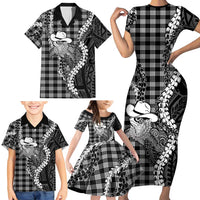 Black Hawaii Palaka Cowboy Turtle Family Matching Short Sleeve Bodycon Dress and Hawaiian Shirt Hawaiian Paniolo Puakenikeni Maile Lei DT05 - Polynesian Pride