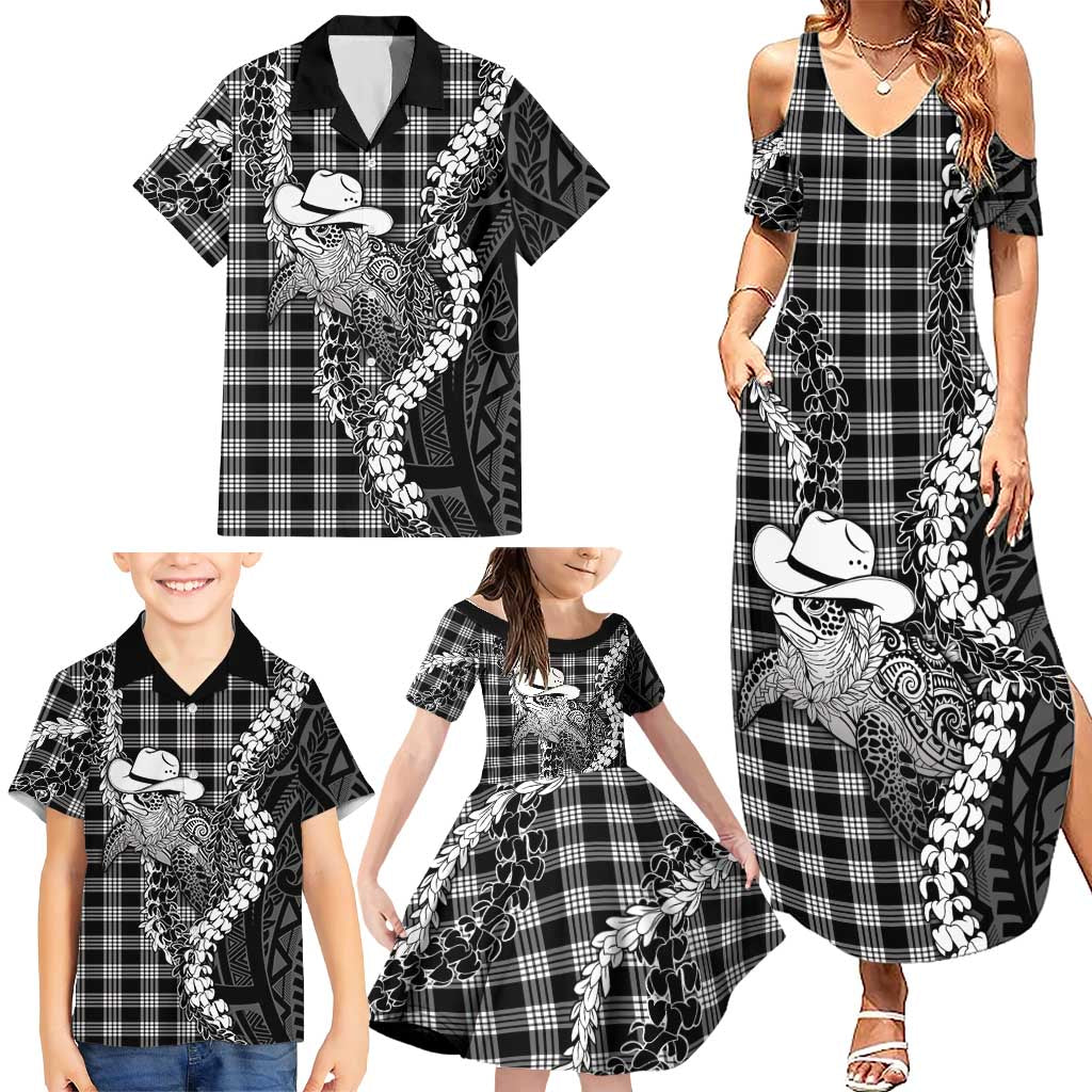 Black Hawaii Palaka Cowboy Turtle Family Matching Summer Maxi Dress and Hawaiian Shirt Hawaiian Paniolo Puakenikeni Maile Lei DT05 - Polynesian Pride