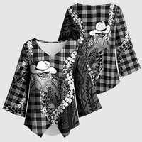 Black Hawaii Palaka Cowboy Turtle Kimono Sleeve Blouse Hawaiian Paniolo Puakenikeni Maile Lei