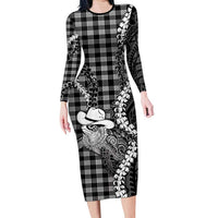 Black Hawaii Palaka Cowboy Turtle Long Sleeve Bodycon Dress Hawaiian Paniolo Puakenikeni Maile Lei DT05 Long Dress Black - Polynesian Pride