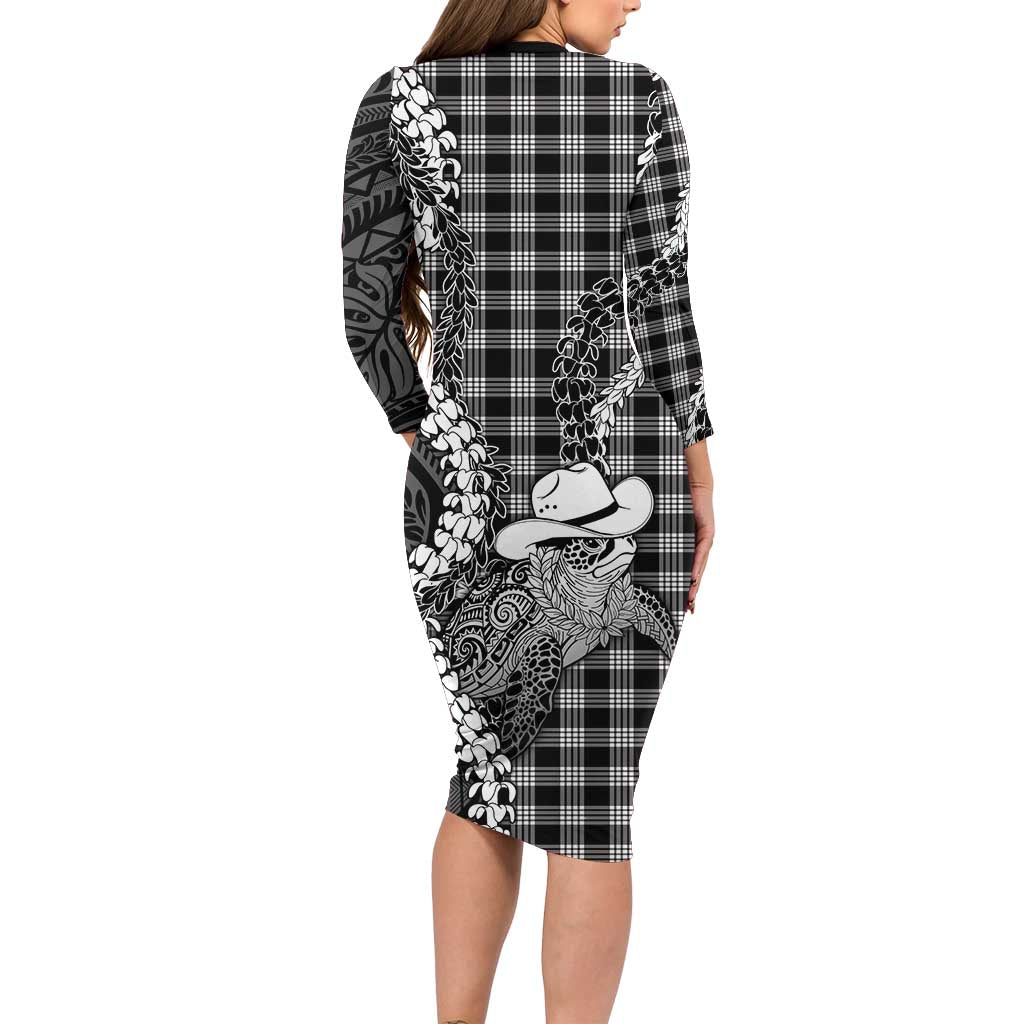 Black Hawaii Palaka Cowboy Turtle Long Sleeve Bodycon Dress Hawaiian Paniolo Puakenikeni Maile Lei DT05 - Polynesian Pride
