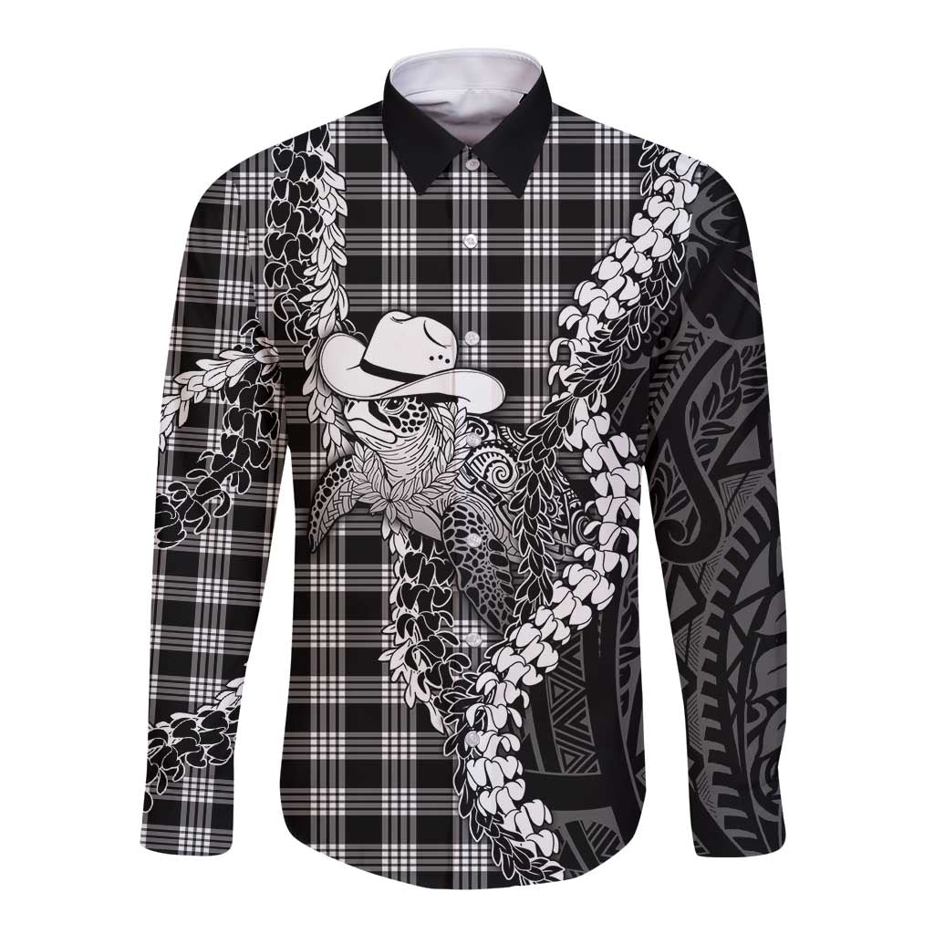 Black Hawaii Palaka Cowboy Turtle Long Sleeve Button Shirt Hawaiian Paniolo Puakenikeni Maile Lei