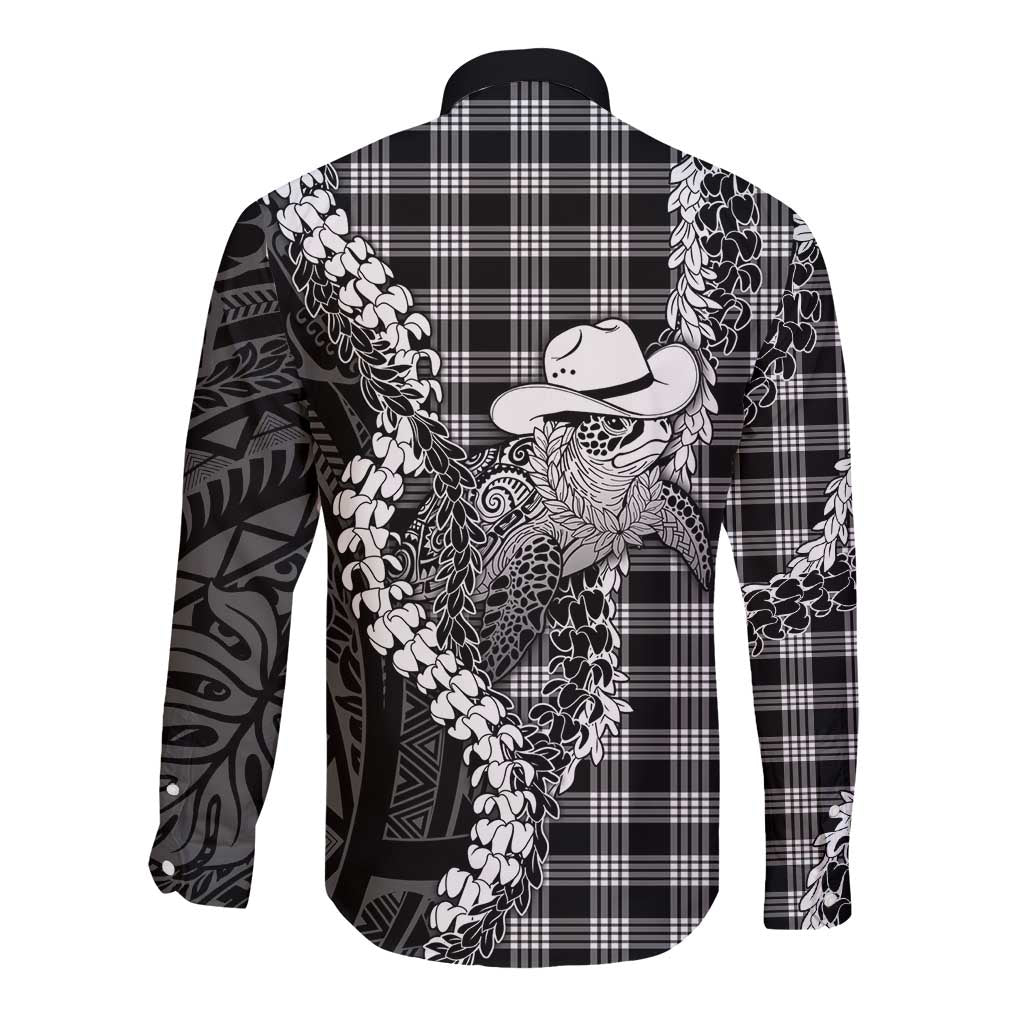 Black Hawaii Palaka Cowboy Turtle Long Sleeve Button Shirt Hawaiian Paniolo Puakenikeni Maile Lei