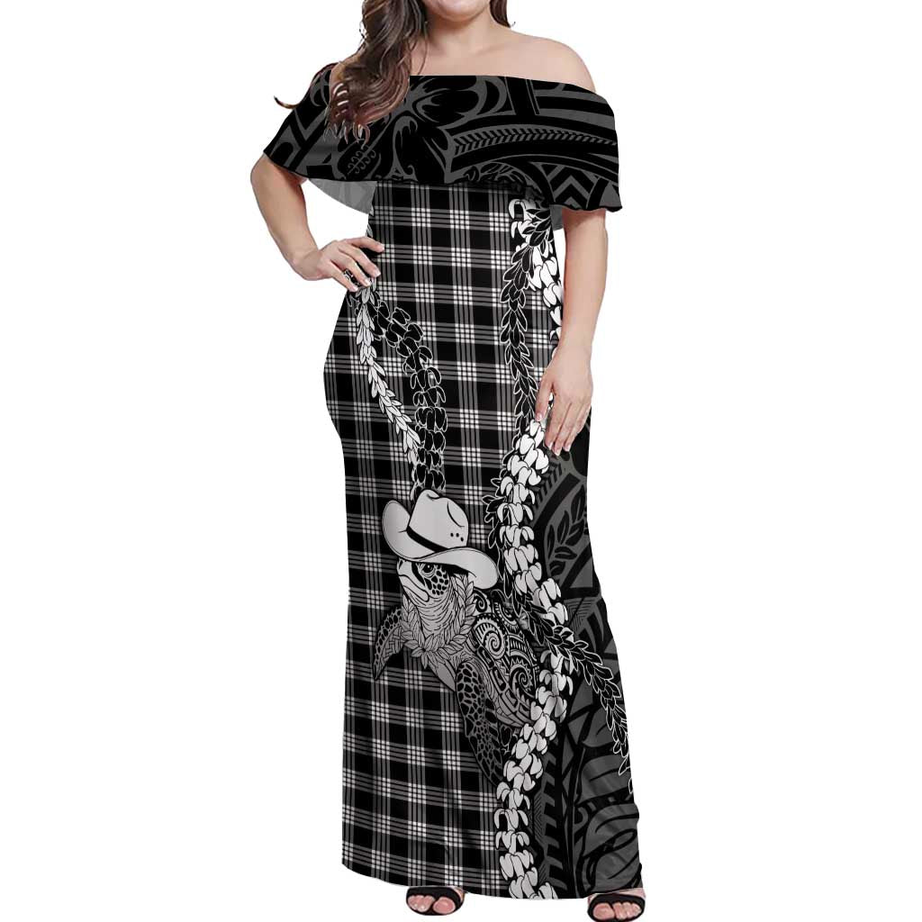 Black Hawaii Palaka Cowboy Turtle Off Shoulder Maxi Dress Hawaiian Paniolo Puakenikeni Maile Lei