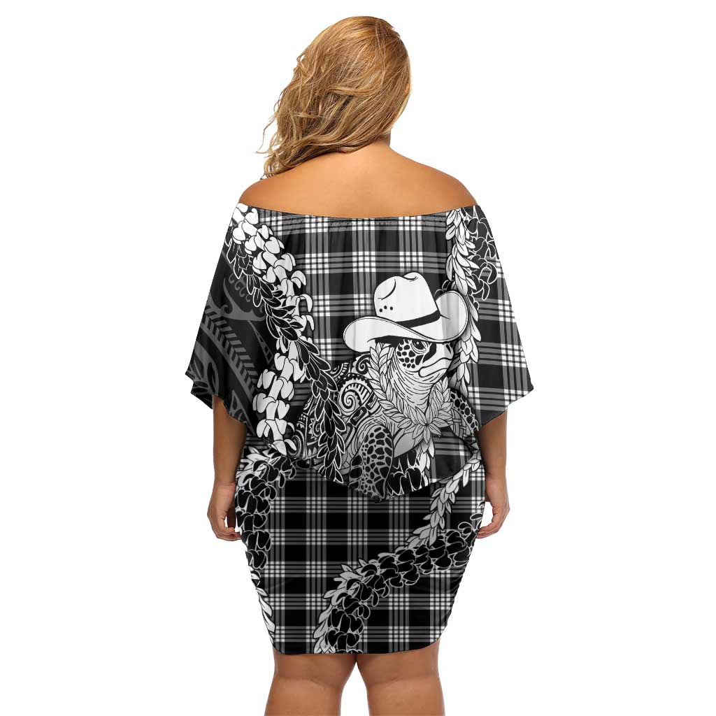 Black Hawaii Palaka Cowboy Turtle Off Shoulder Short Dress Hawaiian Paniolo Puakenikeni Maile Lei