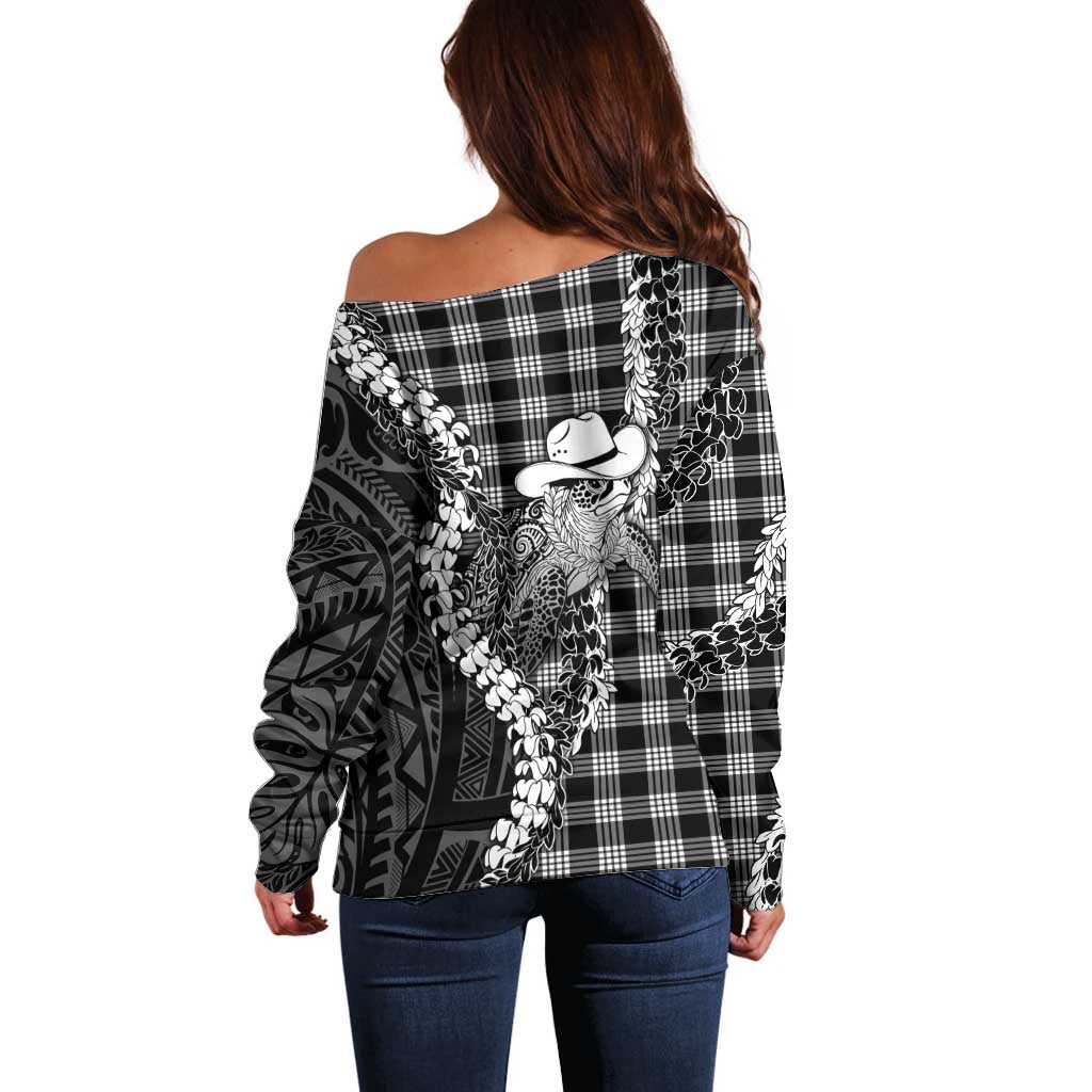Black Hawaii Palaka Cowboy Turtle Off Shoulder Sweater Hawaiian Paniolo Puakenikeni Maile Lei