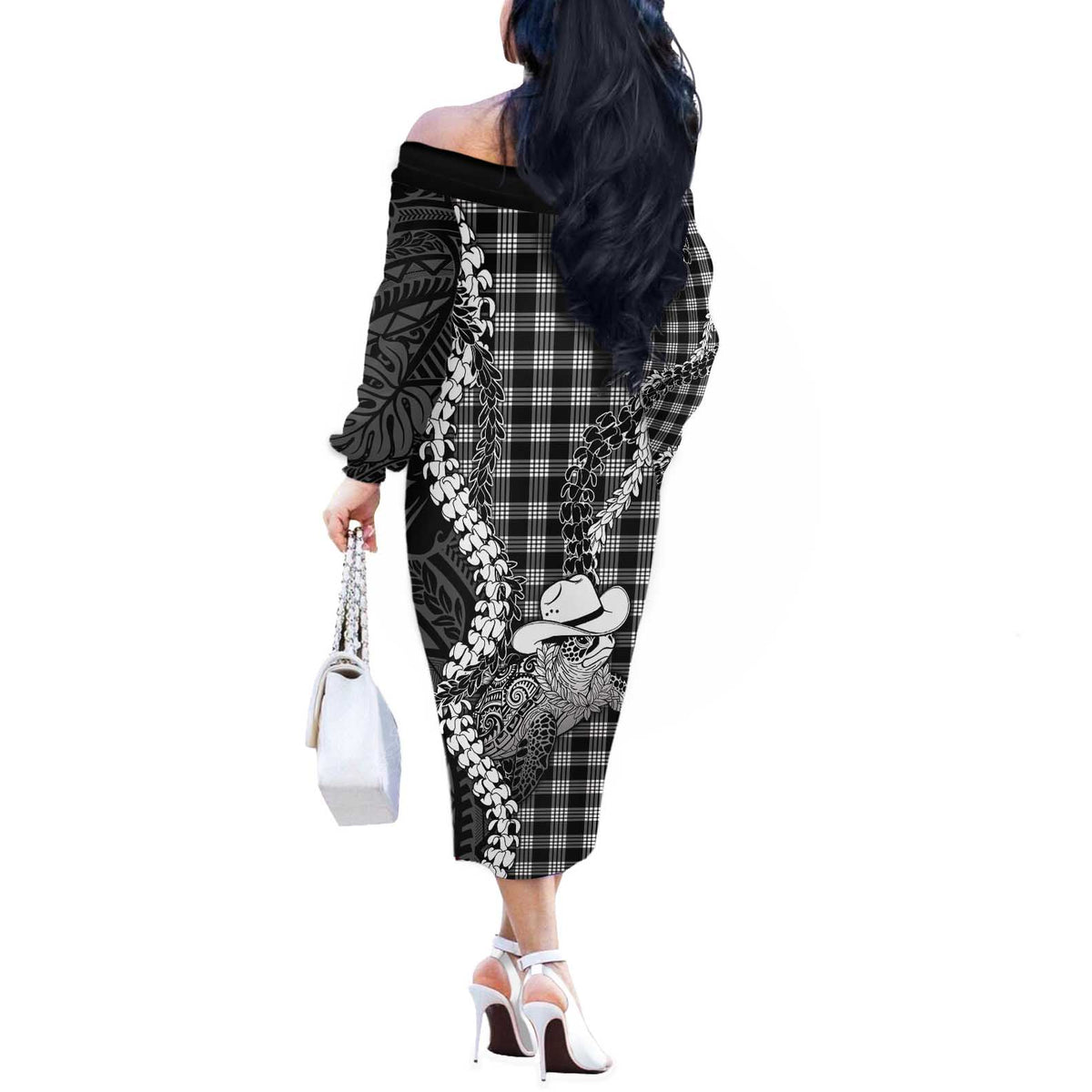 Black Hawaii Palaka Cowboy Turtle Off The Shoulder Long Sleeve Dress Hawaiian Paniolo Puakenikeni Maile Lei DT05 - Polynesian Pride
