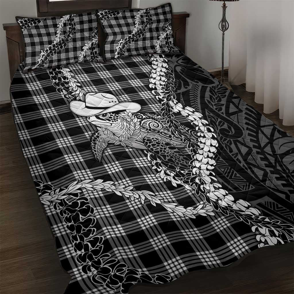 Black Hawaii Palaka Cowboy Turtle Quilt Bed Set Hawaiian Paniolo Puakenikeni Maile Lei