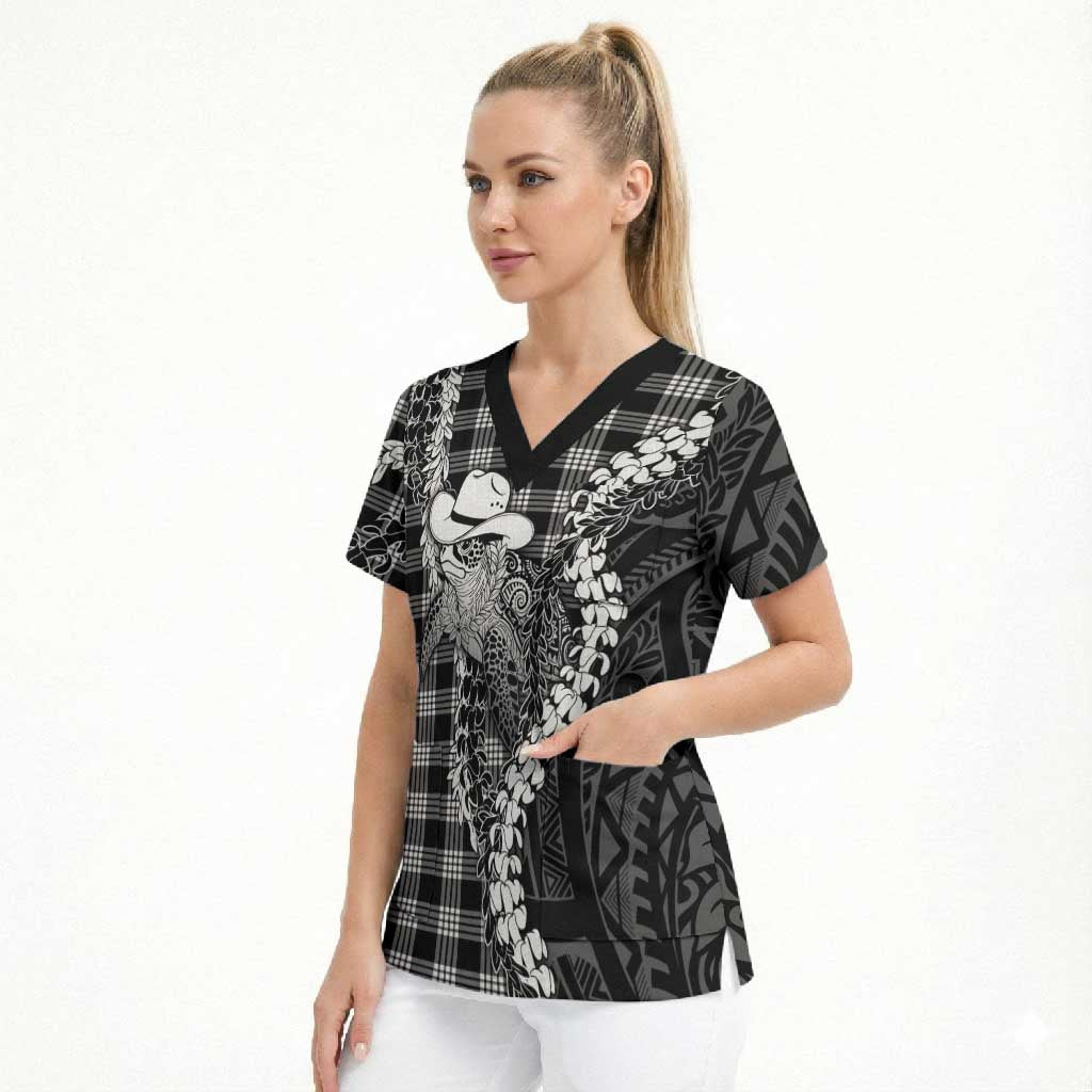Black Hawaii Palaka Cowboy Turtle Scrub Top Hawaiian Paniolo Puakenikeni Maile Lei