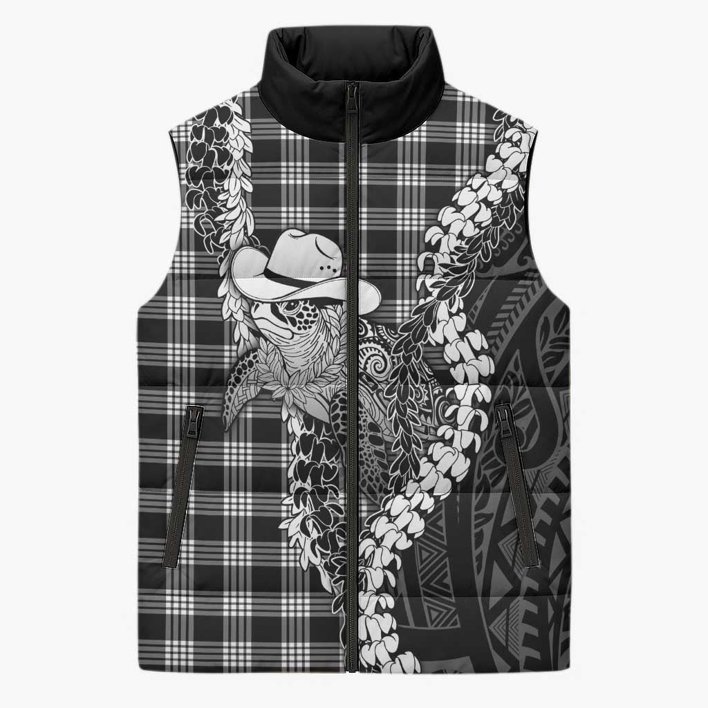 Black Hawaii Palaka Cowboy Turtle Sleeveless Puffer Jacket Hawaiian Paniolo Puakenikeni Maile Lei
