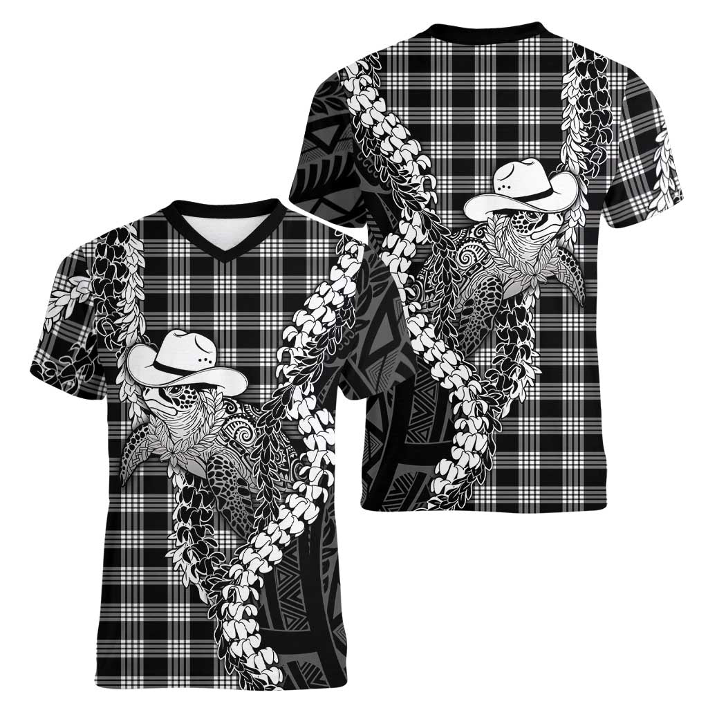Black Hawaii Palaka Cowboy Turtle Women V-Neck T-Shirt Hawaiian Paniolo Puakenikeni Maile Lei DT05 - Polynesian Pride
