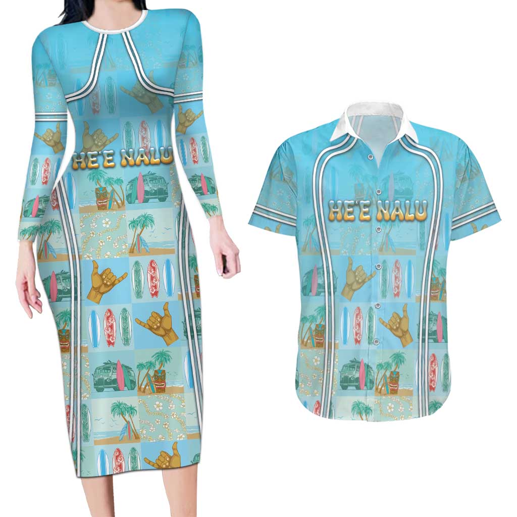 Custom Hawaii Surfing Couples Matching Long Sleeve Bodycon Dress and Hawaiian Shirt He'e Nalu