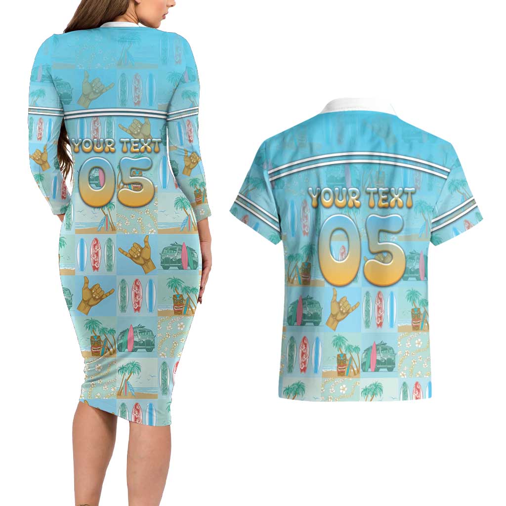 Custom Hawaii Surfing Couples Matching Long Sleeve Bodycon Dress and Hawaiian Shirt He'e Nalu