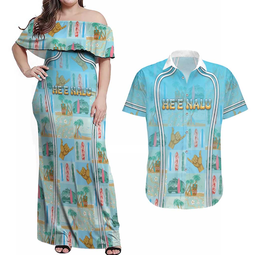 Custom Hawaii Surfing Couples Matching Off Shoulder Maxi Dress and Hawaiian Shirt He'e Nalu