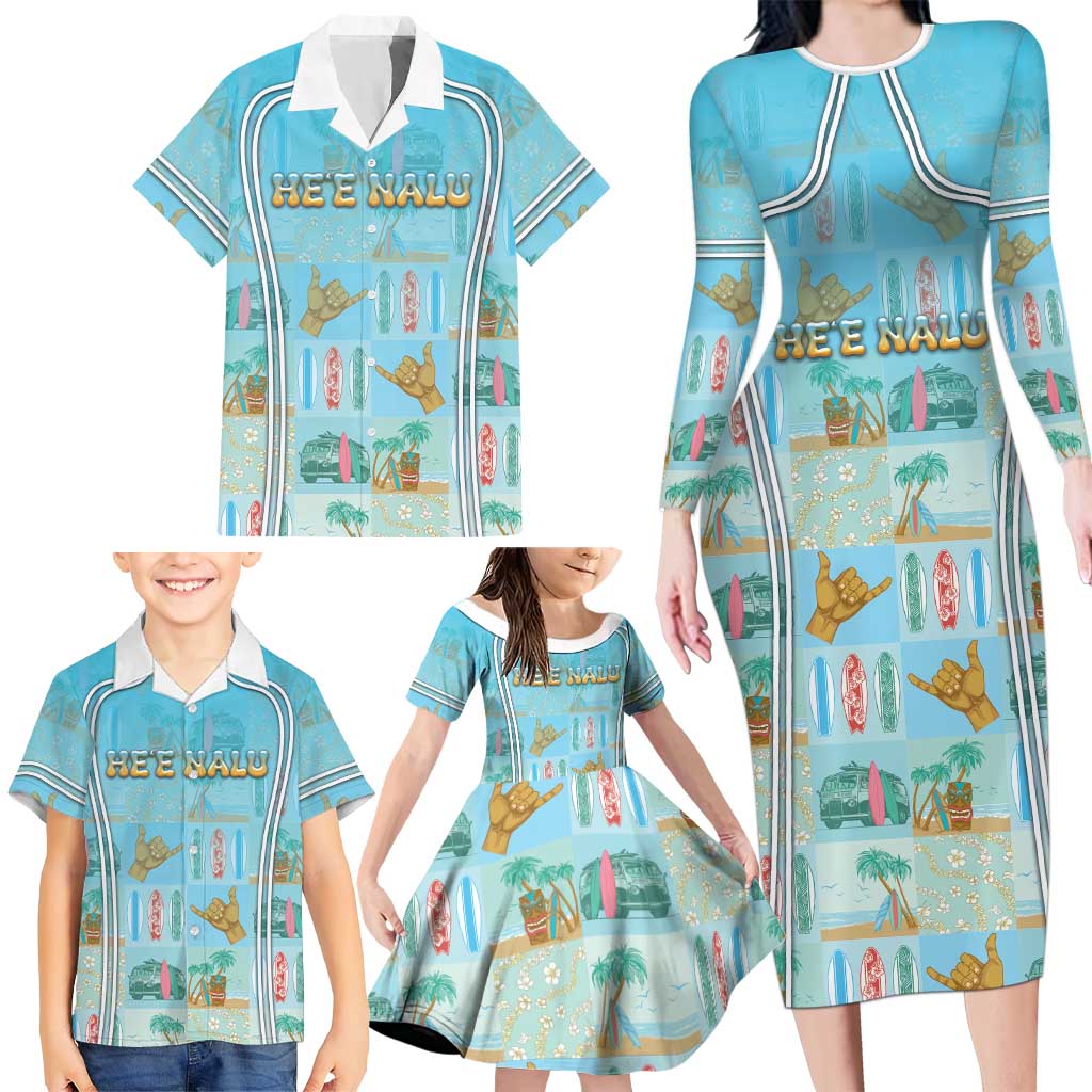 Custom Hawaii Surfing Family Matching Long Sleeve Bodycon Dress and Hawaiian Shirt He'e Nalu