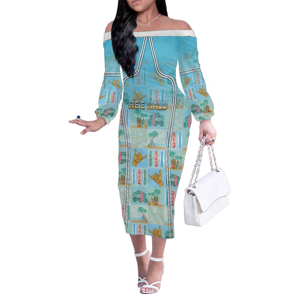Custom Hawaii Surfing Family Matching Off The Shoulder Long Sleeve Dress and Hawaiian Shirt He'e Nalu DT05 Mom's Dress Blue - Polynesian Pride